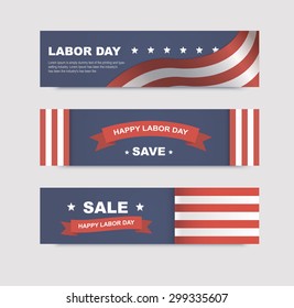 Set of banners with flags for the Labor Day in America. Vector illustrations with text discounts