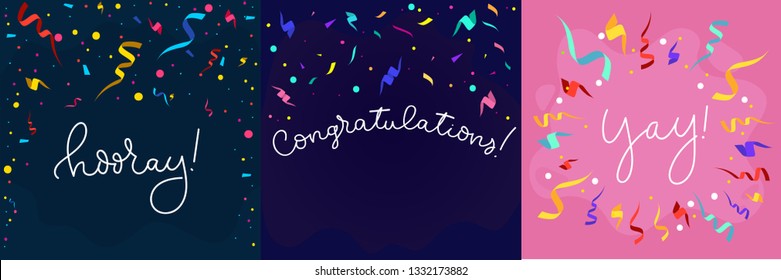 Set of banners in flat style with confetti and lettering. Congratulations design template with ribbons in flat style. Hooray lettering with decorative elements. Vector greeting banners set.