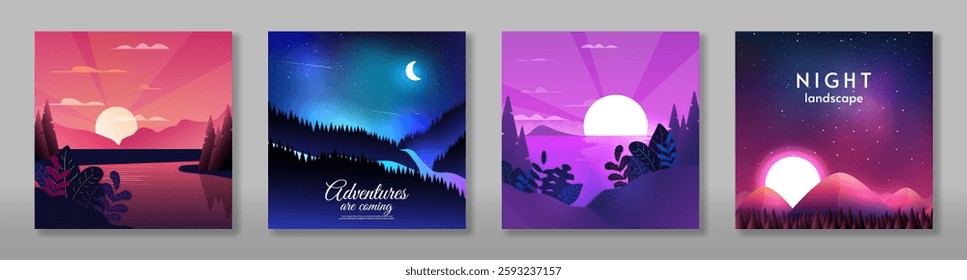 Set of banners, flat style landscape. Vector illustration. Design for banner, postcard, banner, cover. 