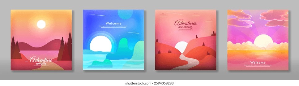 Set of banners, flat style landscape. Vector illustration. Sunset and sunshine landscape. Design for banner, postcard, banner, cover. 