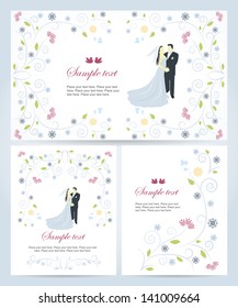 Set of banners with flora wedding ornament and bride and groom. Vector background. Easy to edit. Perfect for invitations or announcements.