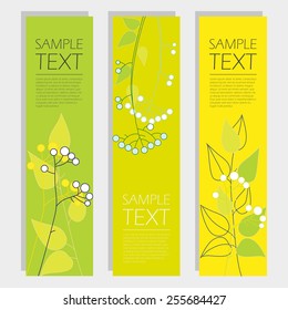 set of banners with floral elements. set of three vertical flyers in bright yellow and green with floral pattern