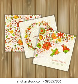 Set of banners with floral pattern and greetings cards on wood background. Use for invitations and design.