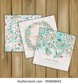 Set of banners with floral pattern and greetings cards on wood background. Use for invitations and design.