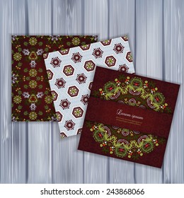 Set of banners with floral patterns on wood background. Use for invitations and design.