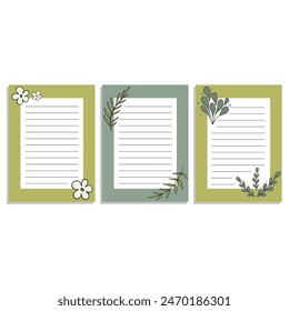 A set of banners with flowers and branches on a white background. Set sheets of paper and bookmarks for a diary.