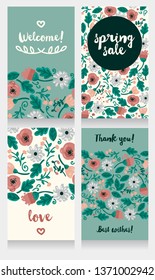 Set of banners with flowers design, can be used as party or sale invitations, dusty mint color, vector illustration