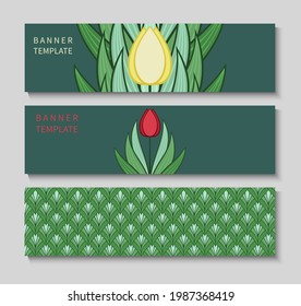 Set of banners with flowers and leaves of tulips. Layout with place for text. Modern design for advertising. Vector illustration