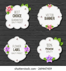 Set of banners with flowers, pearls and leaves. Spring or summer design. Vector label