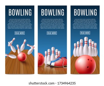 Set Of Banners Or Flyers For Bowling With Skittles, Bowl And Shoes Standing On Polished Wooden Floor, Realistic Vector Illustration. Bowling Competition Or Club.