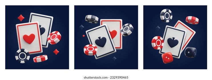 Set of banners, flyers with chips, tokens for poker and casino games in realistic 3d style. Playing ace cards, space and heart. Gambling games symbols set. Vector illustrations on dark background