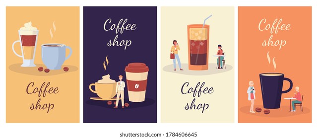 Set of banners or flyers for coffee shop with tiny people among cups of coffee drinks, flat vector illustration. Business templates for restaurant or coffee house.
