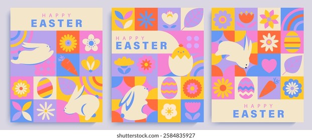 Set banners, flyers for Happy Easter with simple symbols of holiday, decorated eggs, flowers,rabbits and text greeting. Trendy cute template for web, social media ads, congrats, invitations. Vector