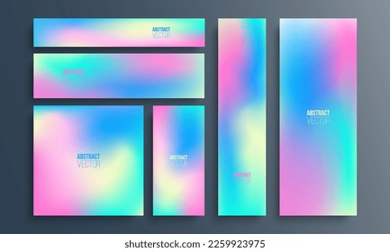 Conjunto de banners y volantes con efecto holográfico. Fondos holográficos futuristas con un degradado de color vibrante para su diseño gráfico creativo. Ilustración vectorial.