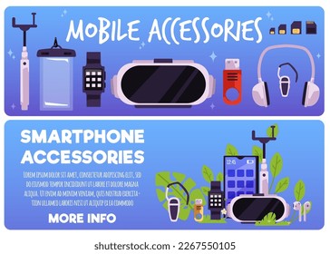 Set of banners or flyers for phone accessories sales advertisement, flat vector illustration. Headsets and devices for blogging for smartphones and social networks.