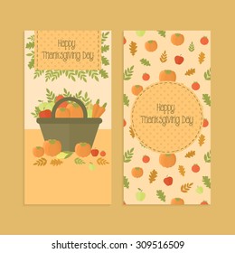 Set of banners, flyers for Thanksgiving Day with basket with vegetables, pumpkin, pattern in orange. For menu, invitation or shopping list templates. Vector illustration