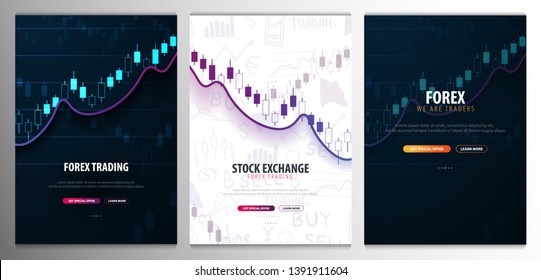 Set banners of Forex Trading Signals. Candlestick chart in financial market. Vector illustration