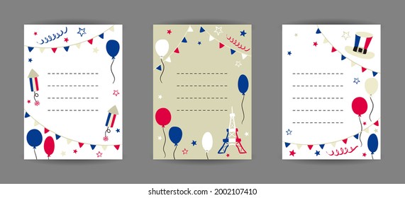 Set of banners for France in national tricolor. Greeting card Template with flags, balloons, Eiffel Tower. Vector illustration for poster design.
