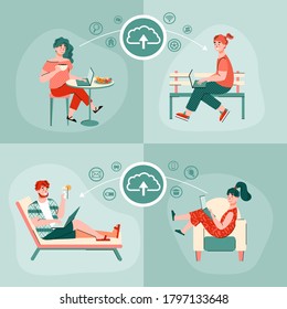Set of banners with freelancers or colleagues working remotely and communicating, flat cartoon vector illustration. Distance job and online conference background.