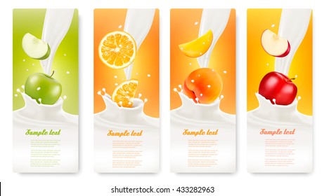 Set of banners with fruit and milk. Vector. 