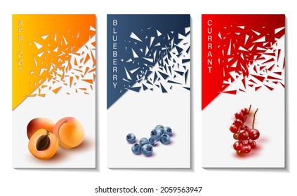 A set of banners with fruits and berries. Vector illustration of banners with geometric shapes and images of apricots, blueberries and currants.