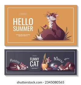 Set of banners with funny cats. Pet, kitty, kitten, animal, domestic life, veterinary concept. Vector illustration for poster, banner, advertising, sale.