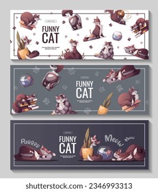 Set of banners with funny cats. Pet, kitty, kitten, animal, domestic life, veterinary concept. Vector illustration for poster, banner, advertising, sale.