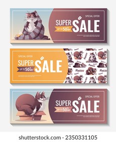Set of banners with funny cats. Pet, kitty, domestic life, animal concept. Vector illustration for poster, banner, flyer, sale.