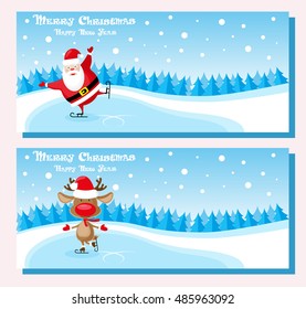 Set of banners funny santa claus and deer in skates at the ice rink. Concept poster, ticket or invites. Cartoon style isolated on pink background. Vector illustration 