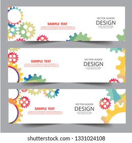 Set of banners with gears. Abstract background. Technology background. Abstract techno gear background with geometric colorful gear wheels. Space for gear text. Vector.