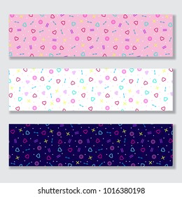 Set of banners with geometric pattern and hearts. Background for Valentine's Day or weddings