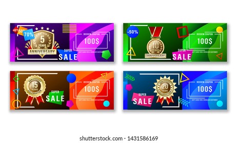 Set banners gift card with geometric shapes and gold anniversary labels, medals, emblems. Vector Illustration