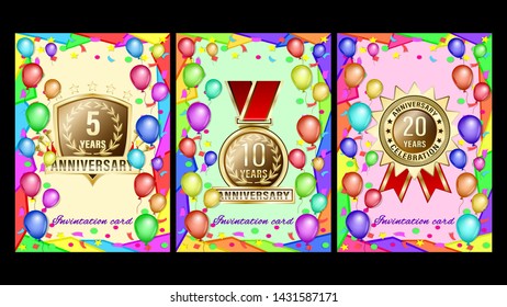 Set banners gift card with geometric shapes, colored balloons and gold anniversary labels, medals, emblems. Vector Illustration