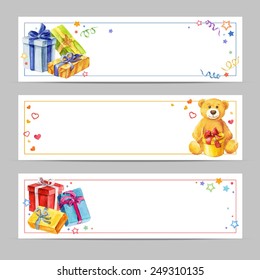 Set of banners Gifts. Greeting cards for birthdays and Valentine's Day. watercolor vector