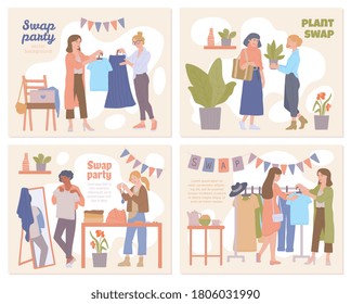 Set of banners with girls at a swap party, flea market or old things sale. Clothes donation. Exchange of clothing, accessories, or plants. Eco lifestyle. Flat vector illustrations.