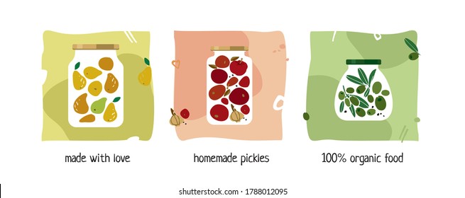 Set Of Banners With Glass Jars With Canned, Pickled Vegetables, Fruits, Spices, Mushrooms On A White Background. Banner Template About Homemade Pickles. Symbols Of Organic Food. Vector Illustration.