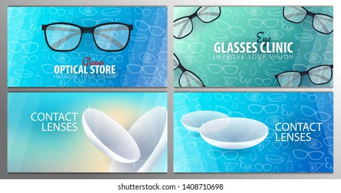Set of Banners for Glasses Clinic or Optical Store with eye glasses and Contact Lenses. Hand drawn doodle background