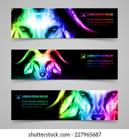 Set of banners with goat head in multicolored flame. Symbol of the year 2015