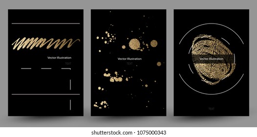 set of banners with gold texture abstract decoration formed by blots on the black background.