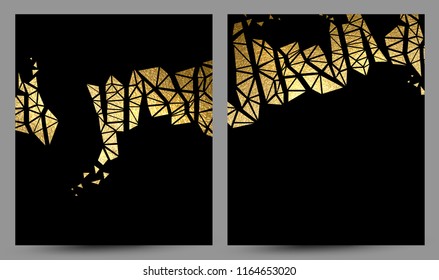 set of banners with gold texture abstract decoration on the black background.