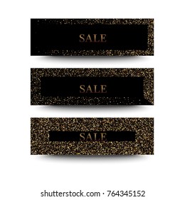 A set of banners. Gold texture glitter on a black background. A golden explosion of confetti. Golden grainy abstract texture on a black background. Element of design.