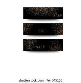 A set of banners. Gold texture glitter on a black background. A golden explosion of confetti. Golden grainy abstract texture on a black background. Element of design.
