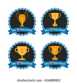 Set of banners with golden trophies and ribbons with text for father's day celebrations