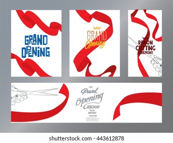Set of banners for grand opening ceremony with red curled ribbons. Vector illustration. Flat design