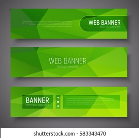 Conjunto de banners con fondo polígonal abstracto verde, marcos transparentes y texto. Ilustración vectorial.