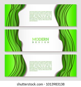 Set of banners with green abstract wavy multilayered pattern. Paper art style.