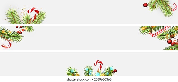Set of banners with green fir branches, confetti, red berries and candy cane sticks. Light grey background. Space for text. Vector illustration.