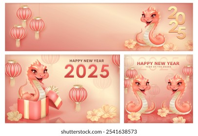 Set of banners and greeting cards with 3d cute pink snakes, gift box, three dimensional red Chinese lanterns and realistic plum blossoms for the 2025 Lunar New Year of the Snake