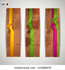 set of banners with grunge cardboard texture and multicolored ribbons