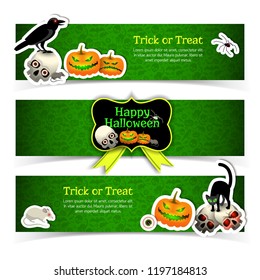 Set of banners with halloween elements animals and yellow ribbon on green textured background isolated vector illustration
